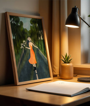 Femme en robe orange marchant sur une route avec des fleurs dans la forêt