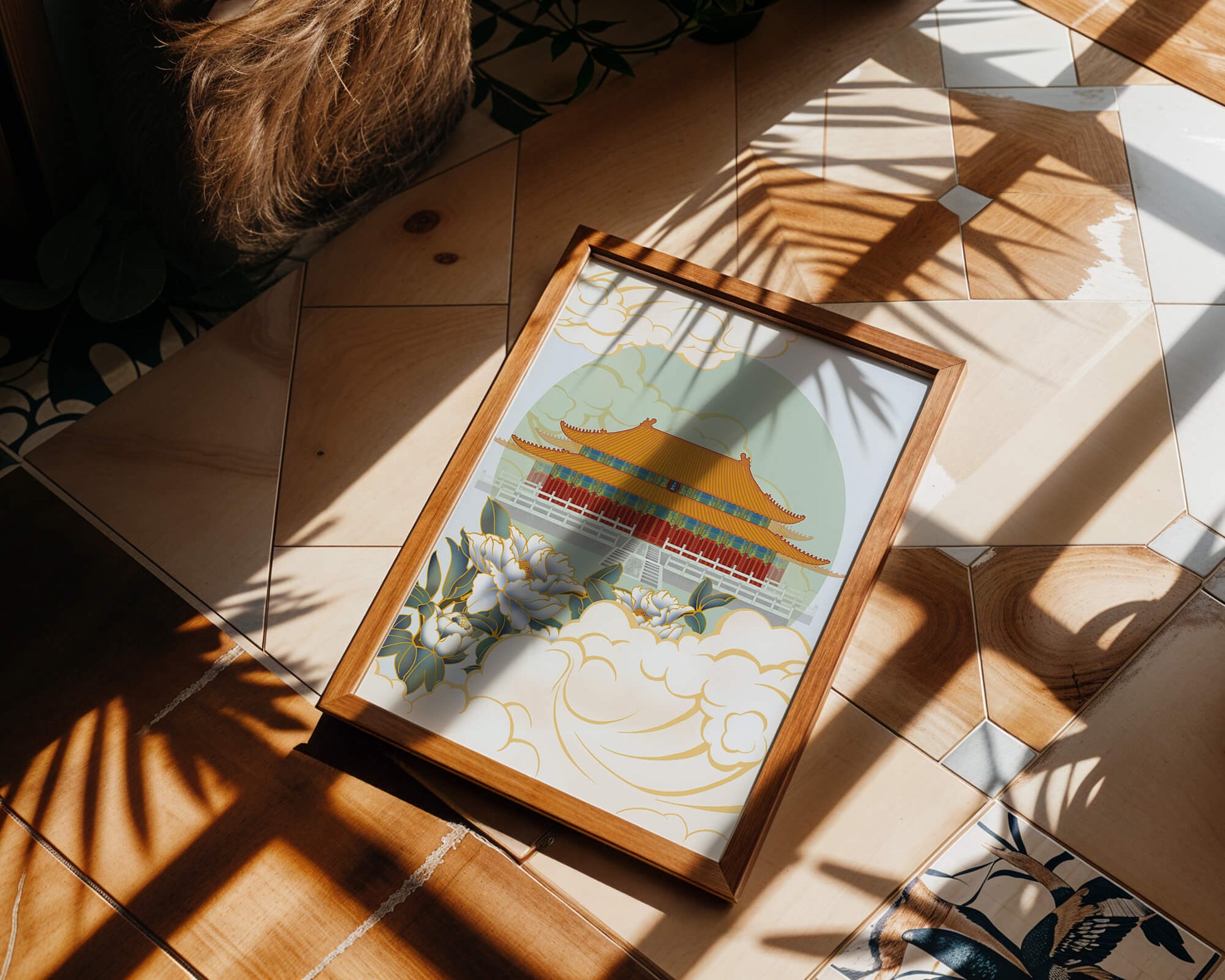 Traditional Asian palace illustration with floral and cloud motifs