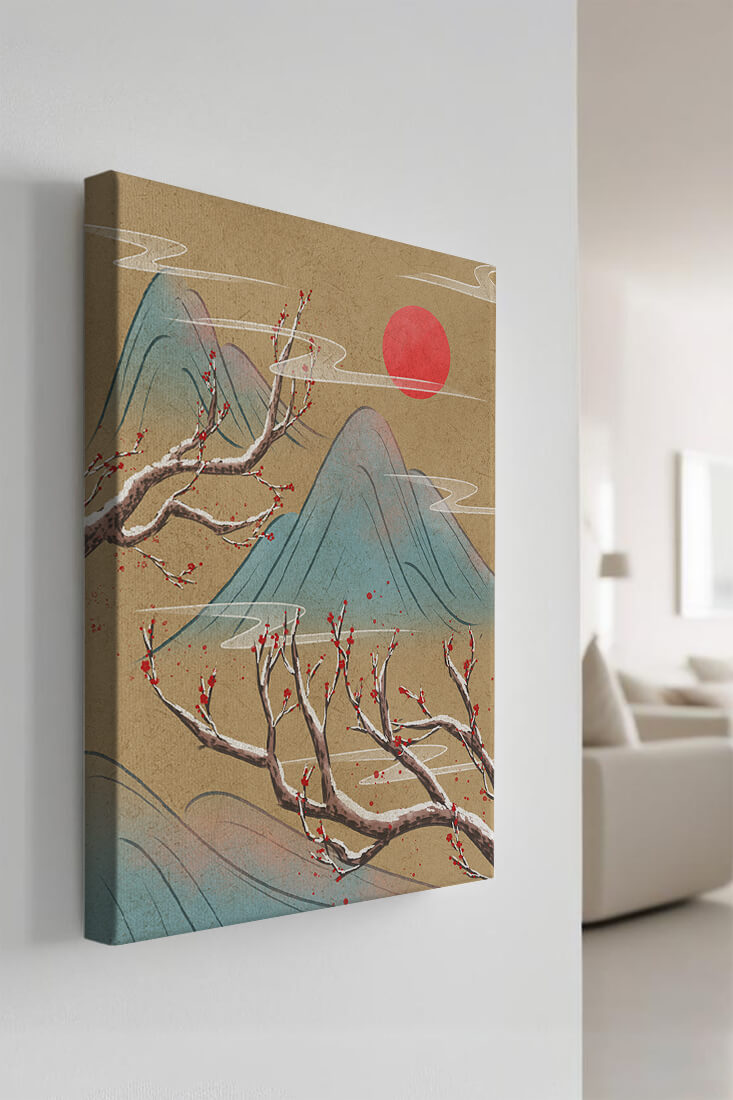 Tranquil landscape with cherry blossom and red sun