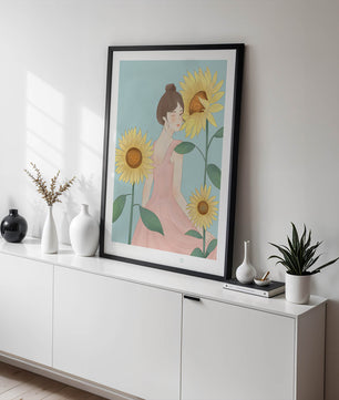 Ilustración de una mujer en un vestido rosa con girasoles