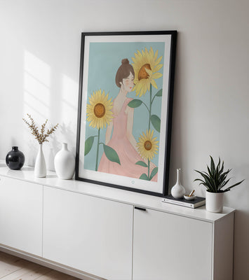 Illustration of a woman in a pink dress with sunflowers