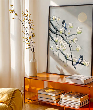 Magpies on Blooming Branches under Full Moon