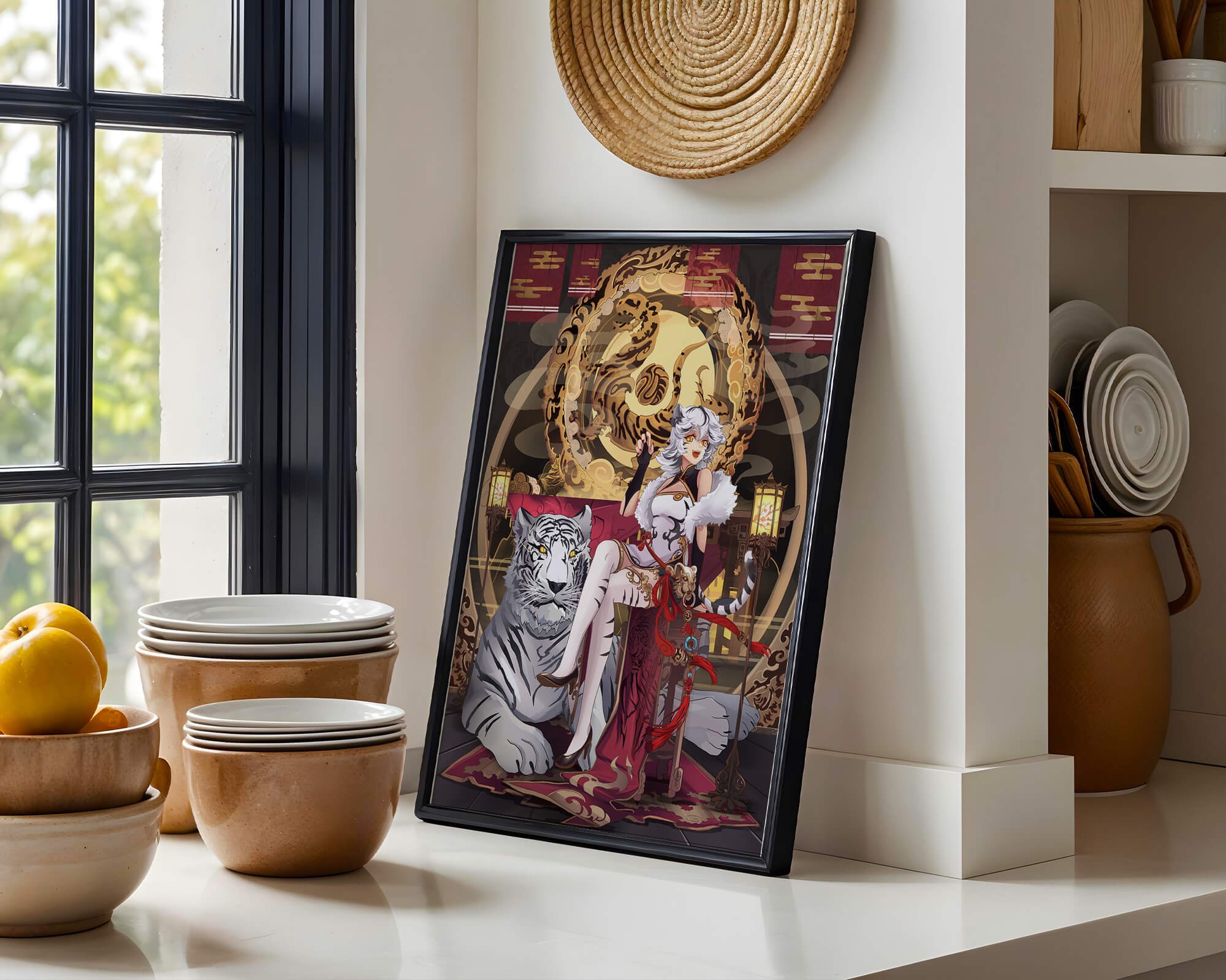 Elegant fantasy character with mystical tiger and ornate decor