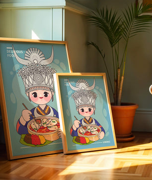 Charming illustration of a person in traditional attire enjoying a meal