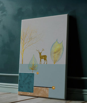 Abstrakte Komposition mit goldenem Hirsch und Blättern auf strukturiertem Hintergrund