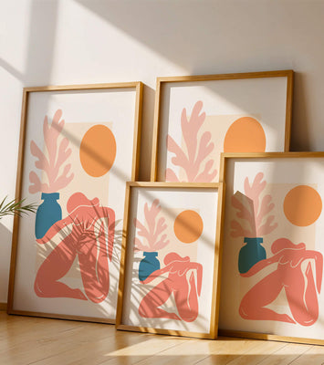 Abstract Nude Figure with Vase and Sun in Minimalist Style