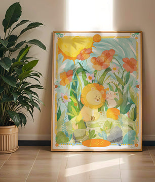 Charming watercolor illustration of lion and rabbit in a vibrant floral landscape