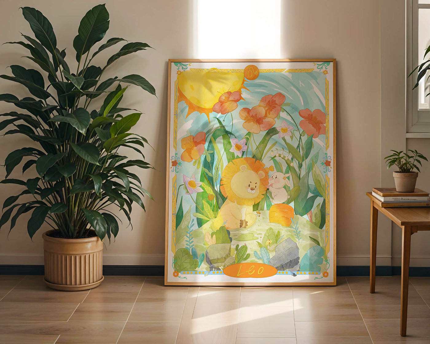 Charming watercolor illustration of lion and rabbit in a vibrant floral landscape