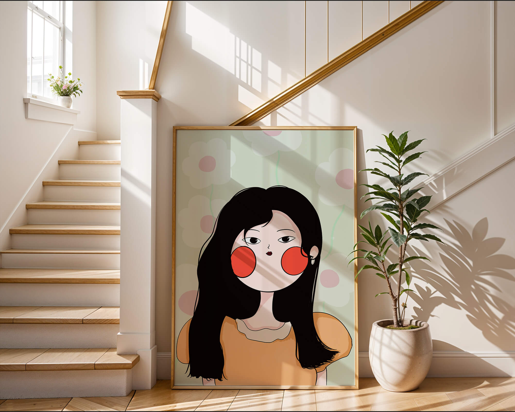 Charming illustration of a young woman with floral background