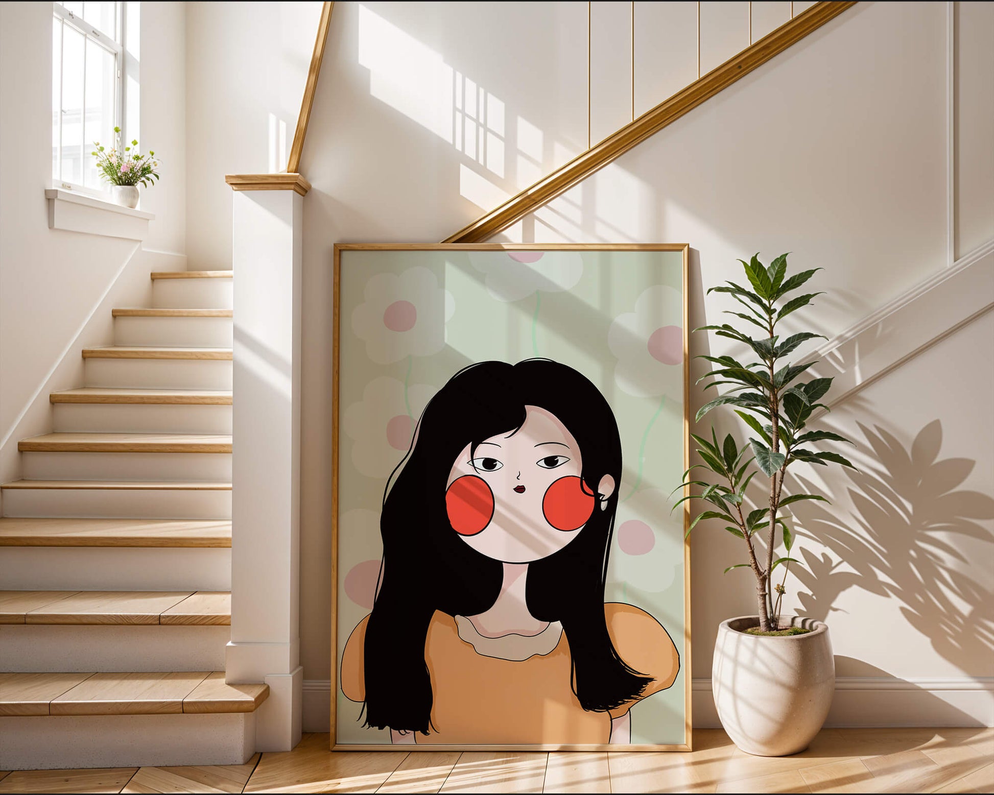 Charming illustration of a young woman with floral background