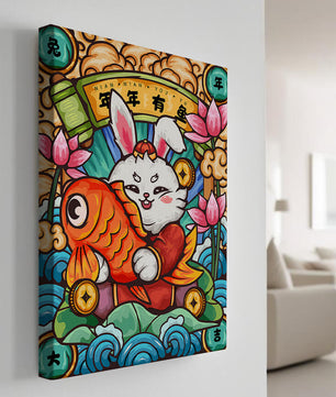 Festive rabbit holding golden fish with lotus flowers and waves in a traditional design