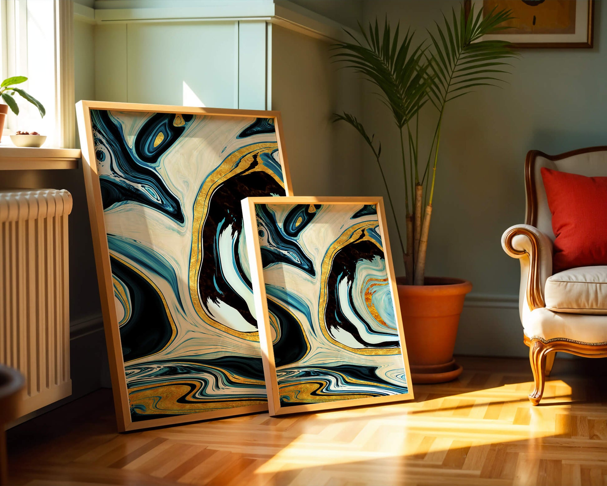 Abstract Marble Art with Gold Accents in Blue and Black Swirls