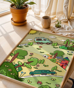 Whimsical landscape with houses, cars, and colorful flora