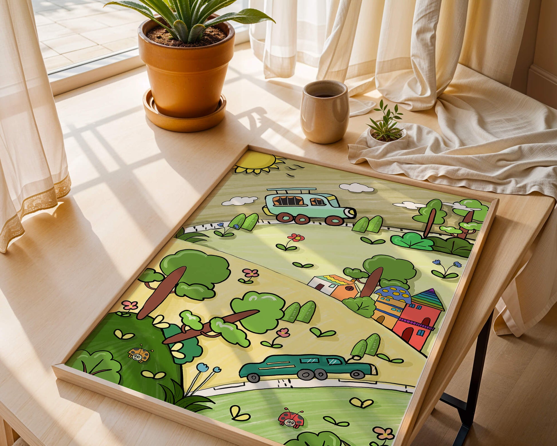 Whimsical landscape with houses, cars, and colorful flora
