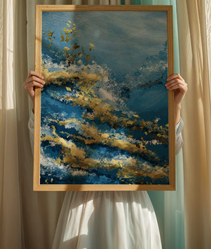 Textura abstracta en azul y dorado con patrones dinámicos
