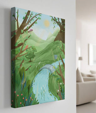 Serene Landscape with Birds and River under Sunny Sky