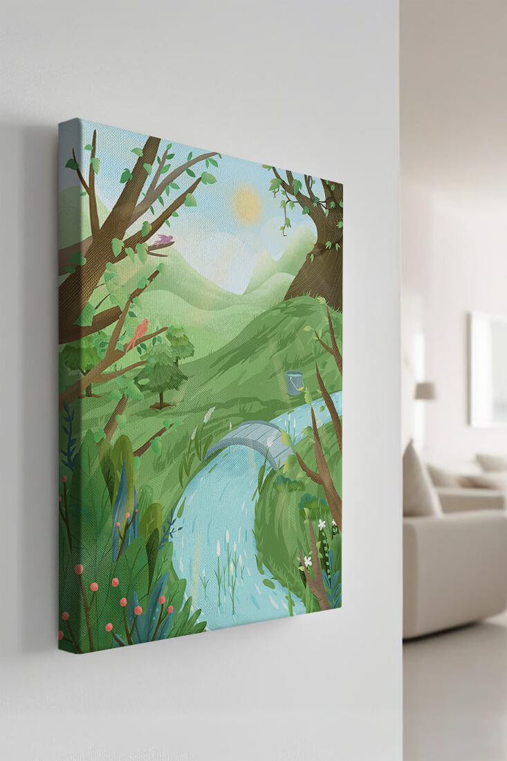 Paisaje sereno con aves y río bajo un cielo soleado