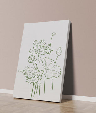 Botanische Illustration einer Lotusblume mit grüner Strichzeichnung auf weißem Hintergrund