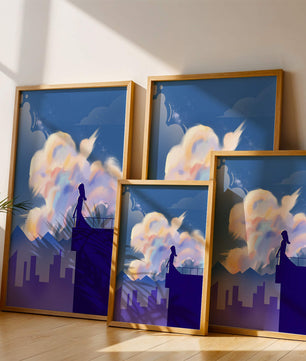 Silhouette of a woman on rooftop against a dreamy sky with colorful clouds