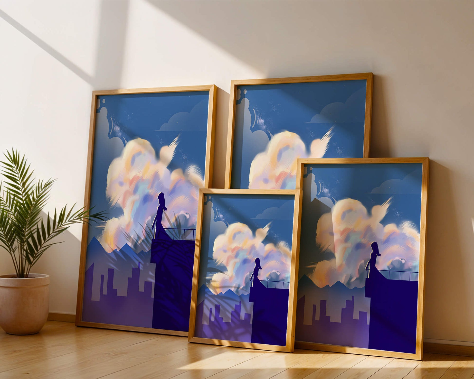 Silhouette of a woman on rooftop against a dreamy sky with colorful clouds