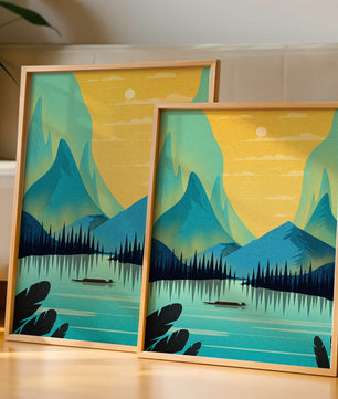 Serene lake landscape with mountains and sunset