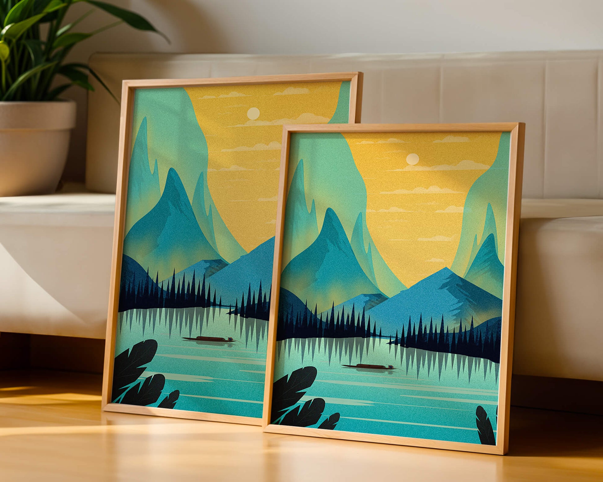 Serene lake landscape with mountains and sunset