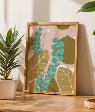 Diseño botánico abstracto con hojas verdes y doradas.