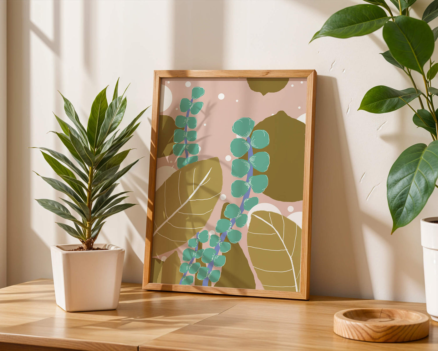 Abstract botanical design with green and golden leaves
