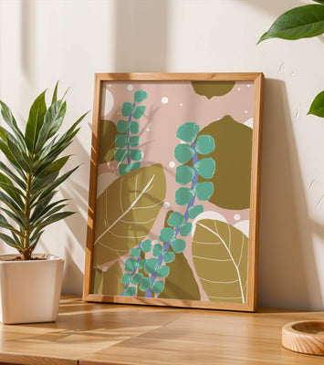 Abstract botanical design with green and golden leaves