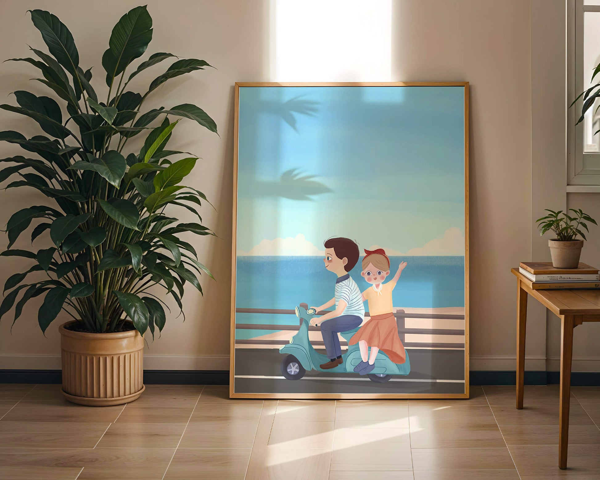 Young couple enjoying a scenic scooter ride by the seaside