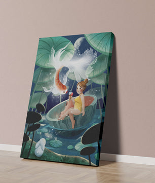 Illustration imaginative d'une fille avec un poisson et un lapin sous des nénuphars illuminés par la lune