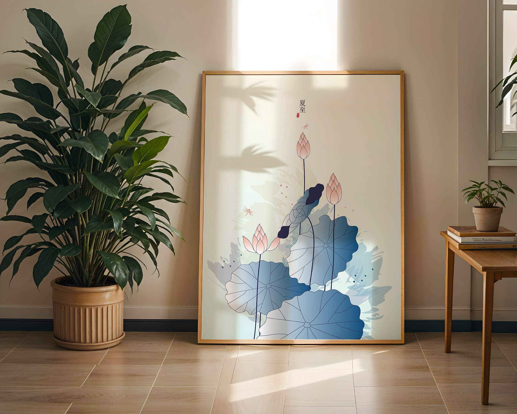 Lotus flower and dragonflies in elegant pastel illustration