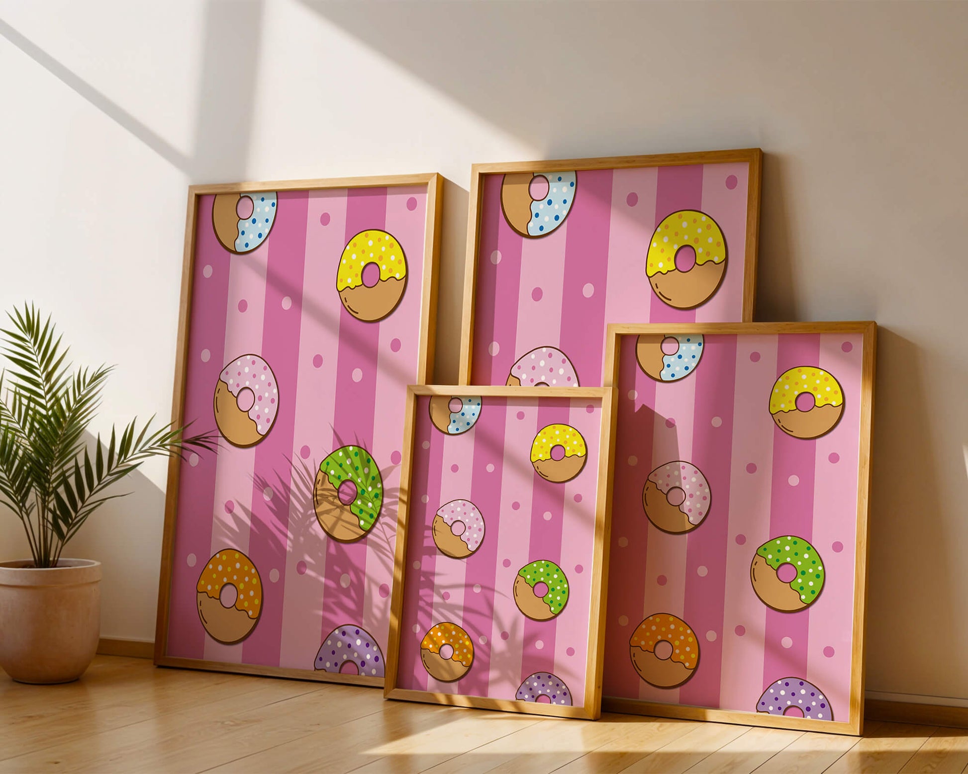 Colorful donut pattern on pink striped background