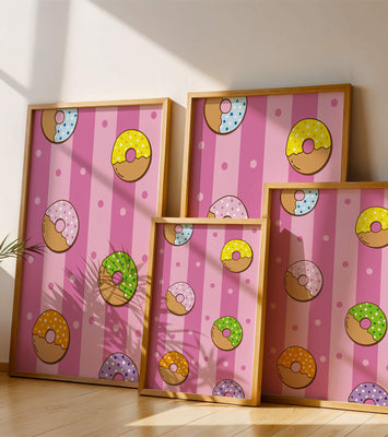 Colorful donut pattern on pink striped background