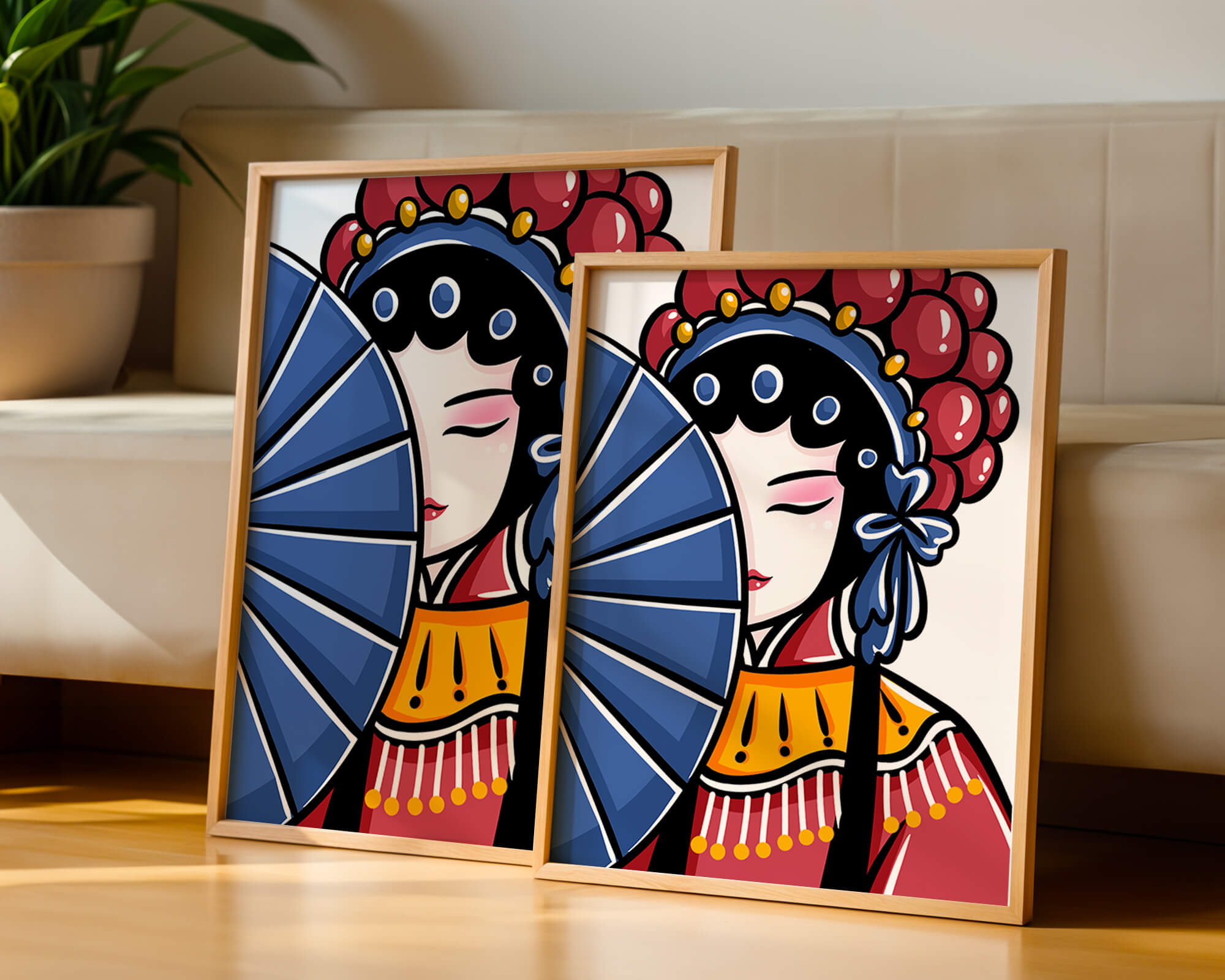 Traditional Asian opera character with fan and decorative headpiece