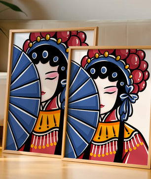 Traditional Asian opera character with fan and decorative headpiece