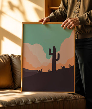 Abstract desert landscape with cactus silhouette at sunset