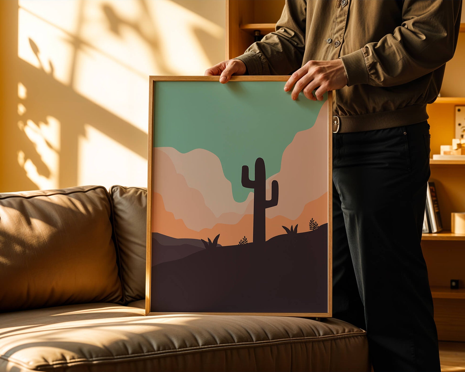 Abstract desert landscape with cactus silhouette at sunset