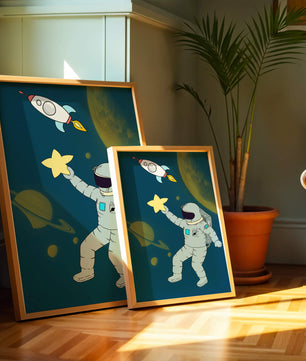 Astronaut Reaching for Star with Rocket and Planets in Space Scene - Mi tienda