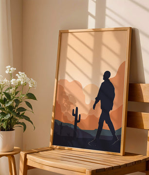 Silhouetted figure walking in desert landscape at sunset