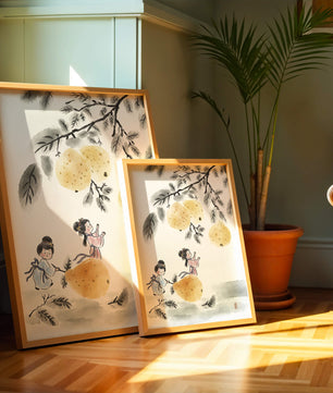 Ilustración encantadora de niños en vestimenta tradicional recolectando peras