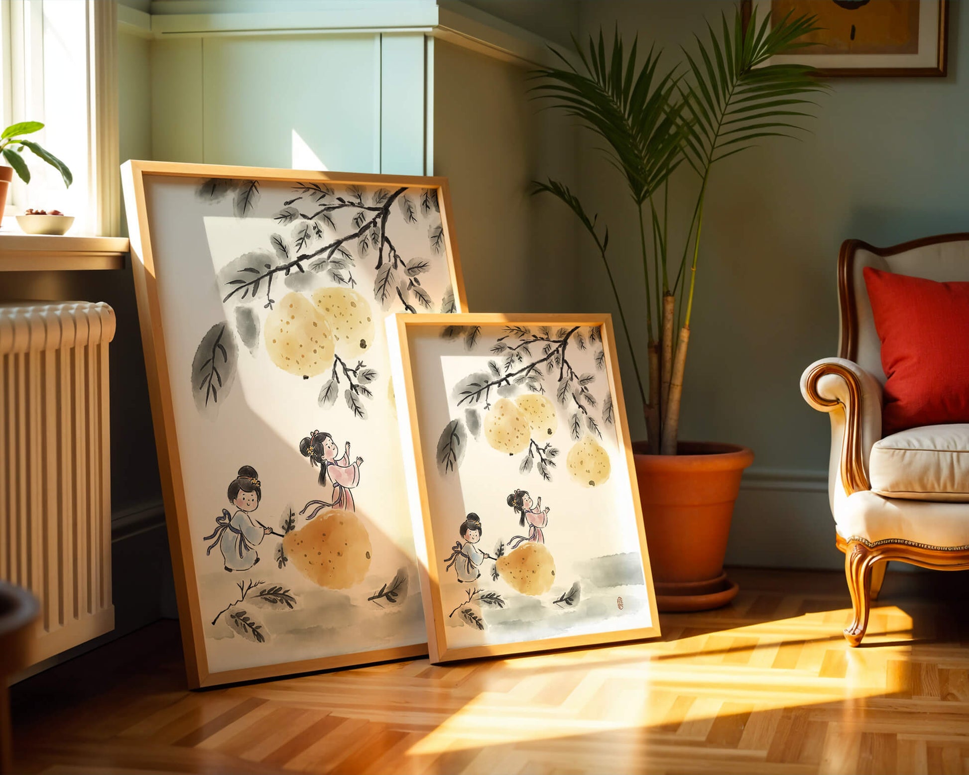 Ilustración encantadora de niños en vestimenta tradicional recolectando peras