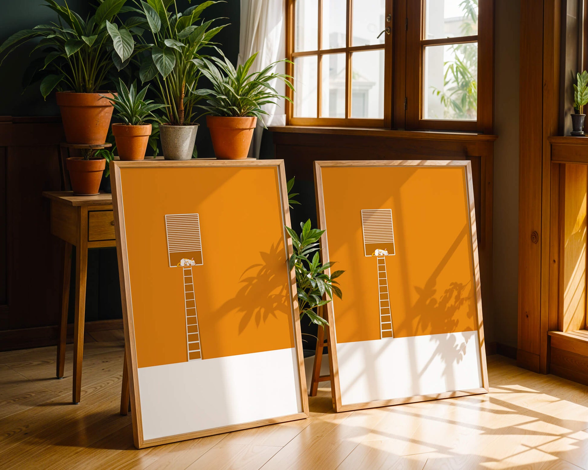 Cat Sleeping on Elevated Platform Against Orange Background