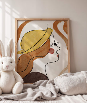 Retrato de línea moderna de una mujer con sombrero y colores vibrantes