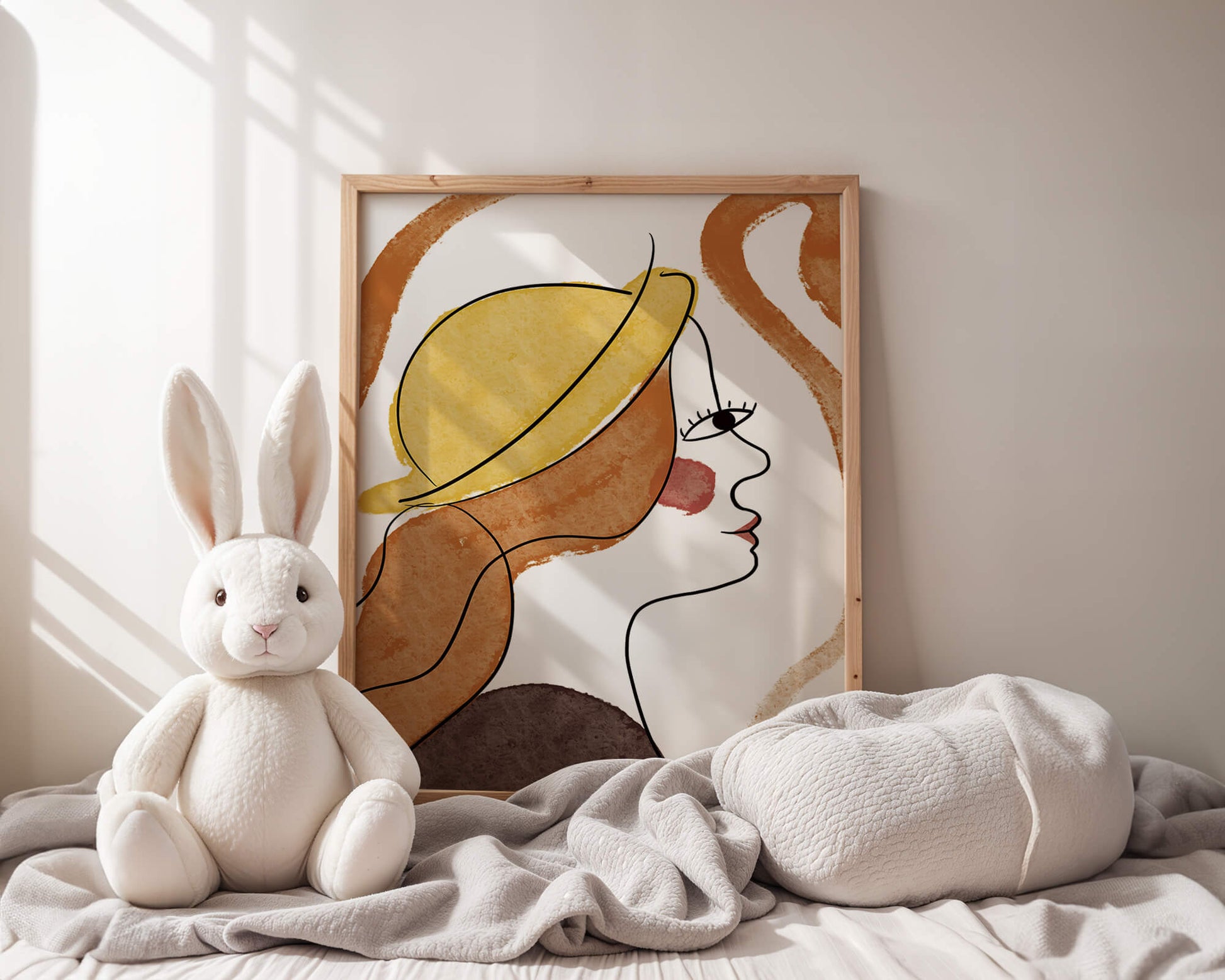 Retrato de línea moderna de una mujer con sombrero y colores vibrantes