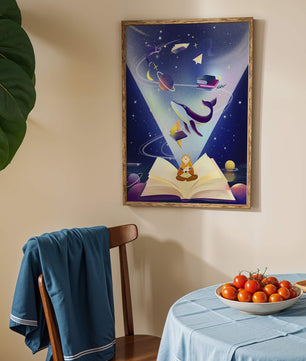 Imaginative galaxy scene with books and a child
