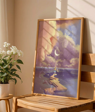 Whimsical journey on a dreamlike path beneath colorful clouds