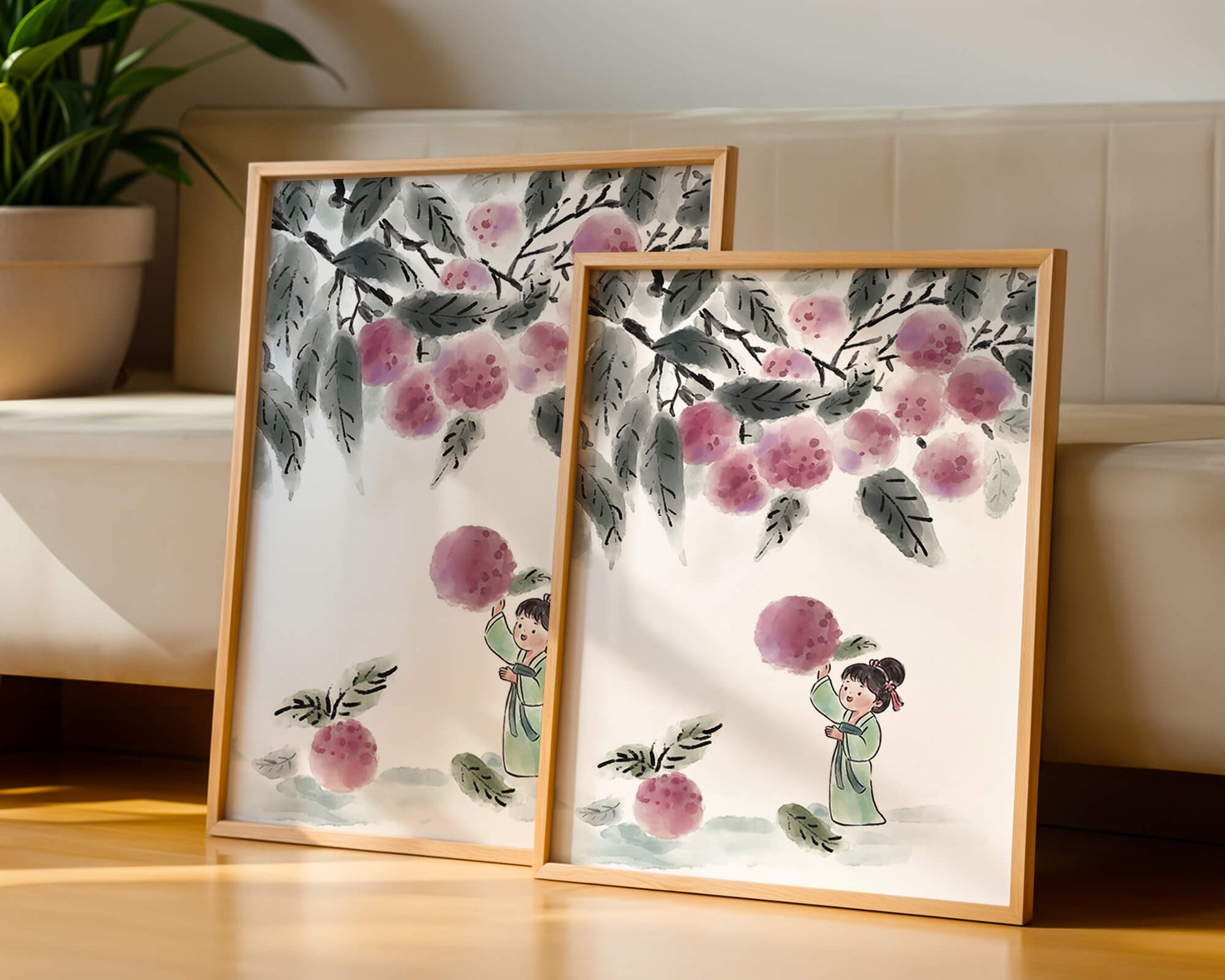 Ilustración encantadora de un niño con ropa tradicional, bayas vibrantes y hojas exuberantes