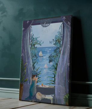 Peaceful Seaside View Through Open Window with Girl and Cat