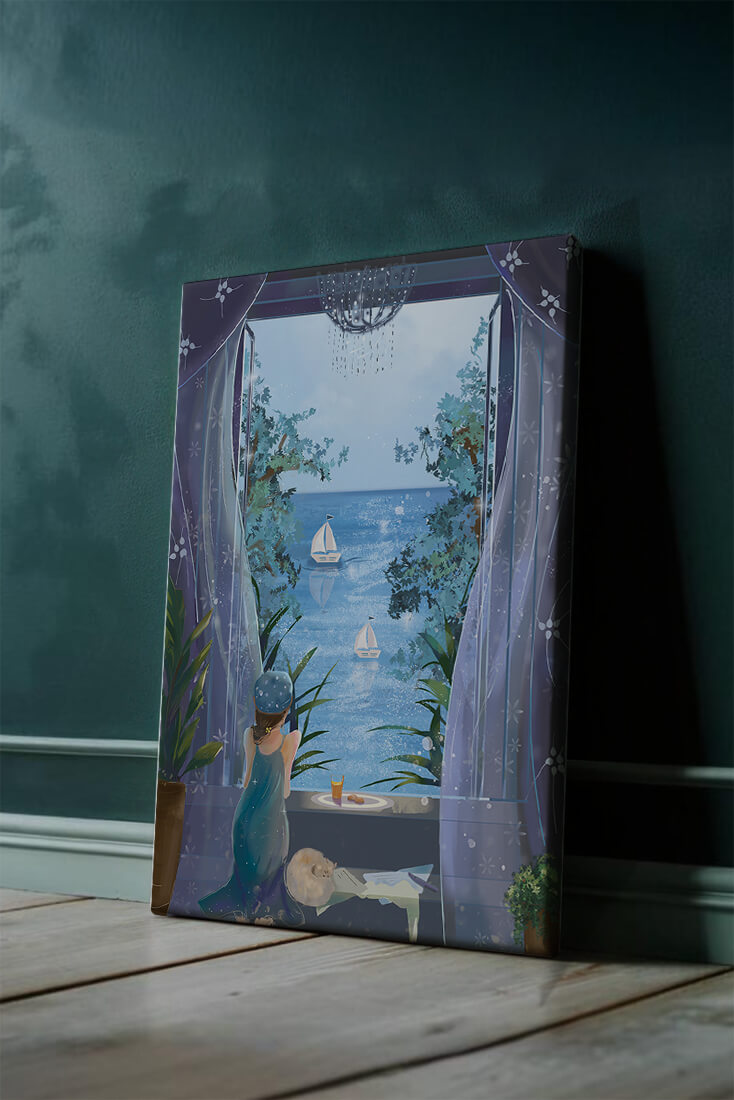 Peaceful Seaside View Through Open Window with Girl and Cat